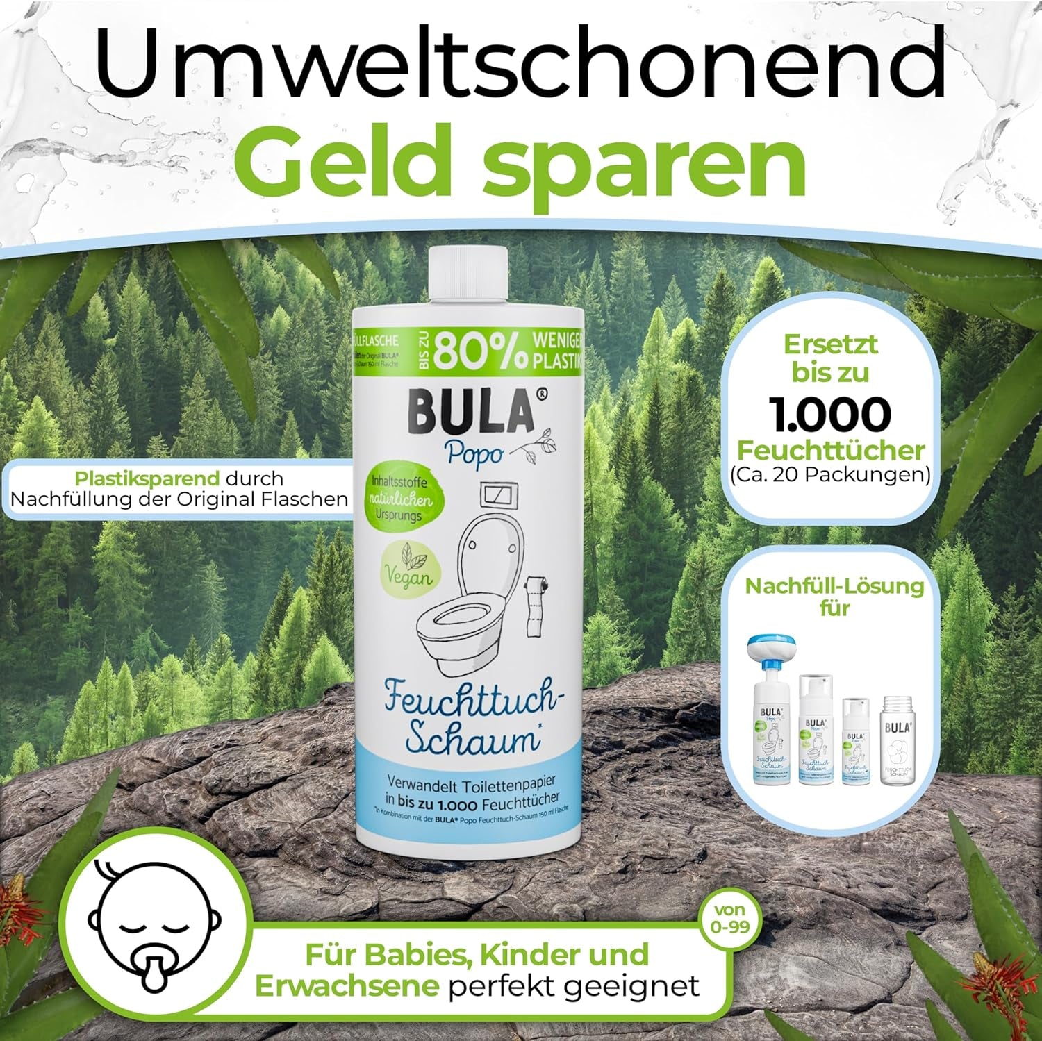 Botella de recambio BULA® Popo (750 ml) ¡SOLO PARA RELLENAR nuestras botellas de 150 ml y 50 ml! | ¡Reemplaza hasta 1000 toallitas! | Con ingredientes de origen natural
