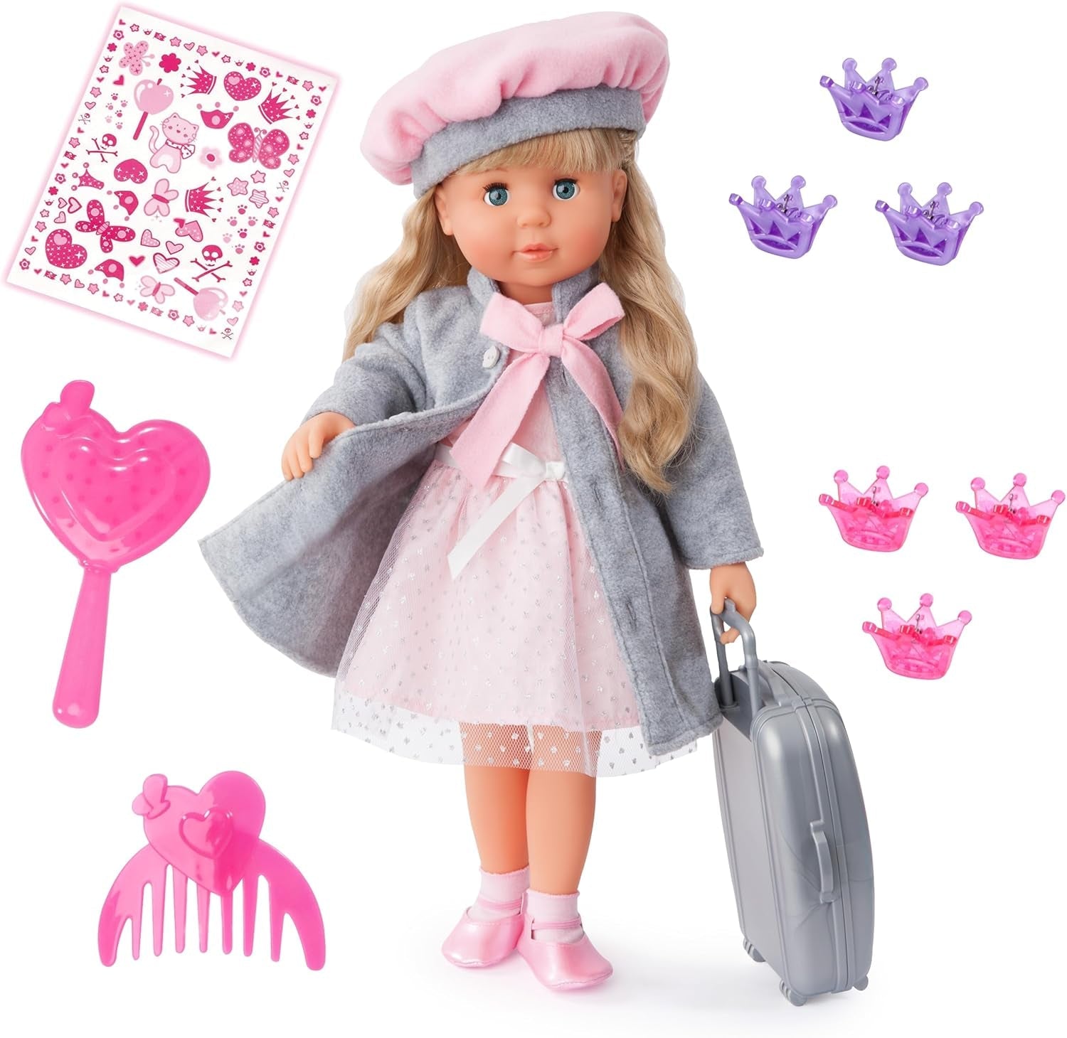 Bayer Design 94635AX Charlene Muñeca funcional con pelo y ojos dormilones, habla y canta 90 frases, 2 poemas y 8 canciones, 46 cm, muñeca con múltiples accesorios, 1,30 kg, rosa, gris