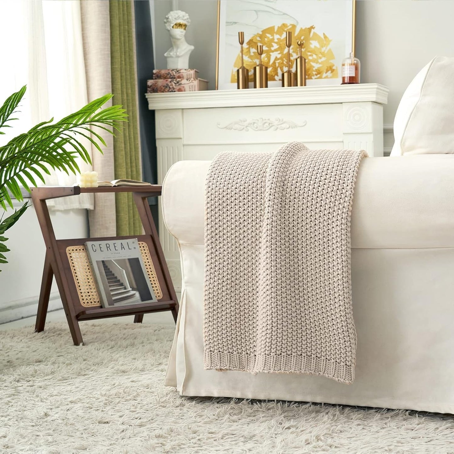 Manta de punto grueso, Ligera, Beige, 100% algodón orgánico, Manta para sofá, sofá, cama, niño, habitación infantil, Rústica, Shabby chic, Casa de campo moderna, 152,4 X 203,2 cm, Incluye bolsa de lavandería Camas y mantas Ropa de cama Longhui