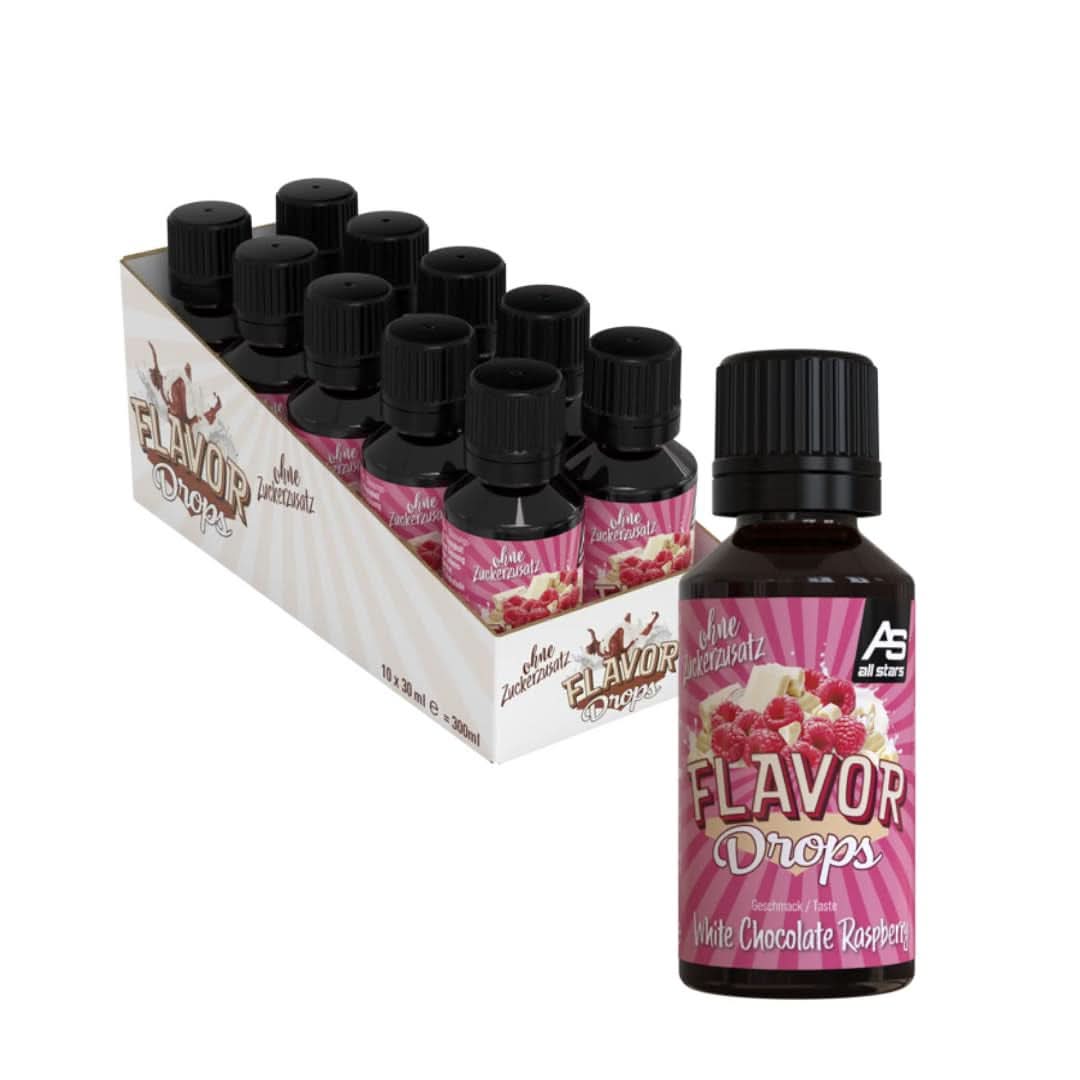 ALL STARS Flavor Drops, Gotas aromatizadas sin azúcares añadidos y sin calorías - Dulzo y sabor para alimentos, 30 ml Edulcorantes Naty Shop Chocolate blanco con frambuesa 10 x 30 ml