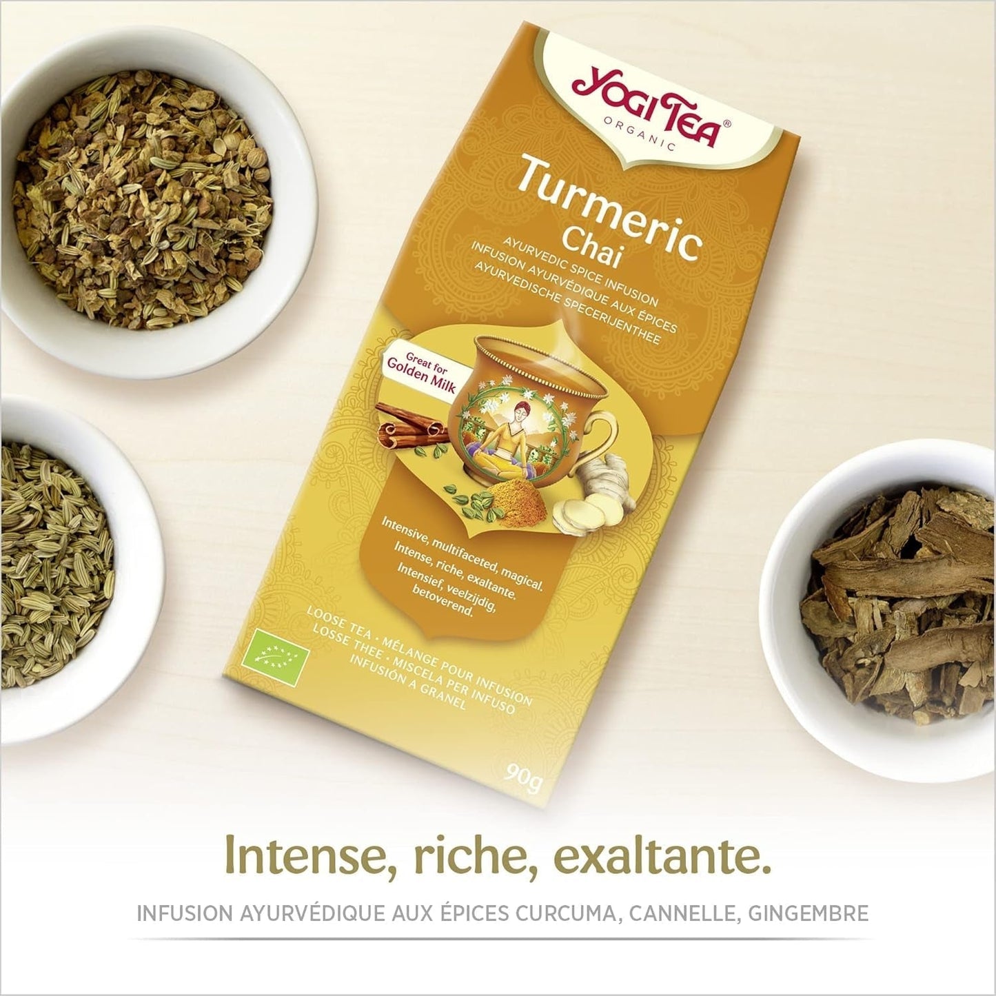 Yogi Tea - Kurkuma Chai Té ayurvédico especiado orgánico Sin cafeína Mezcla de cúrcuma, canela y jengibre Yogi Tea suelto, paquete de 8 x 90 g (720 g), regalo ideal