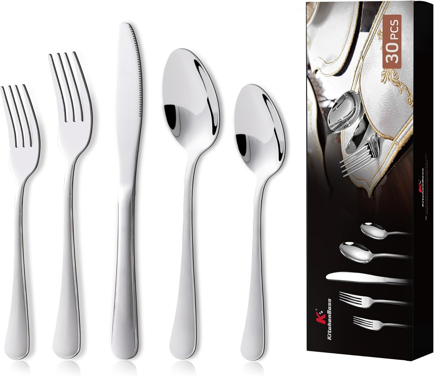 Juego de cubiertos Kitchenboss para 6 personas: Juego de cubiertos 20 o 30 piezas Kitchen Naty Shop Plata 30 piezas