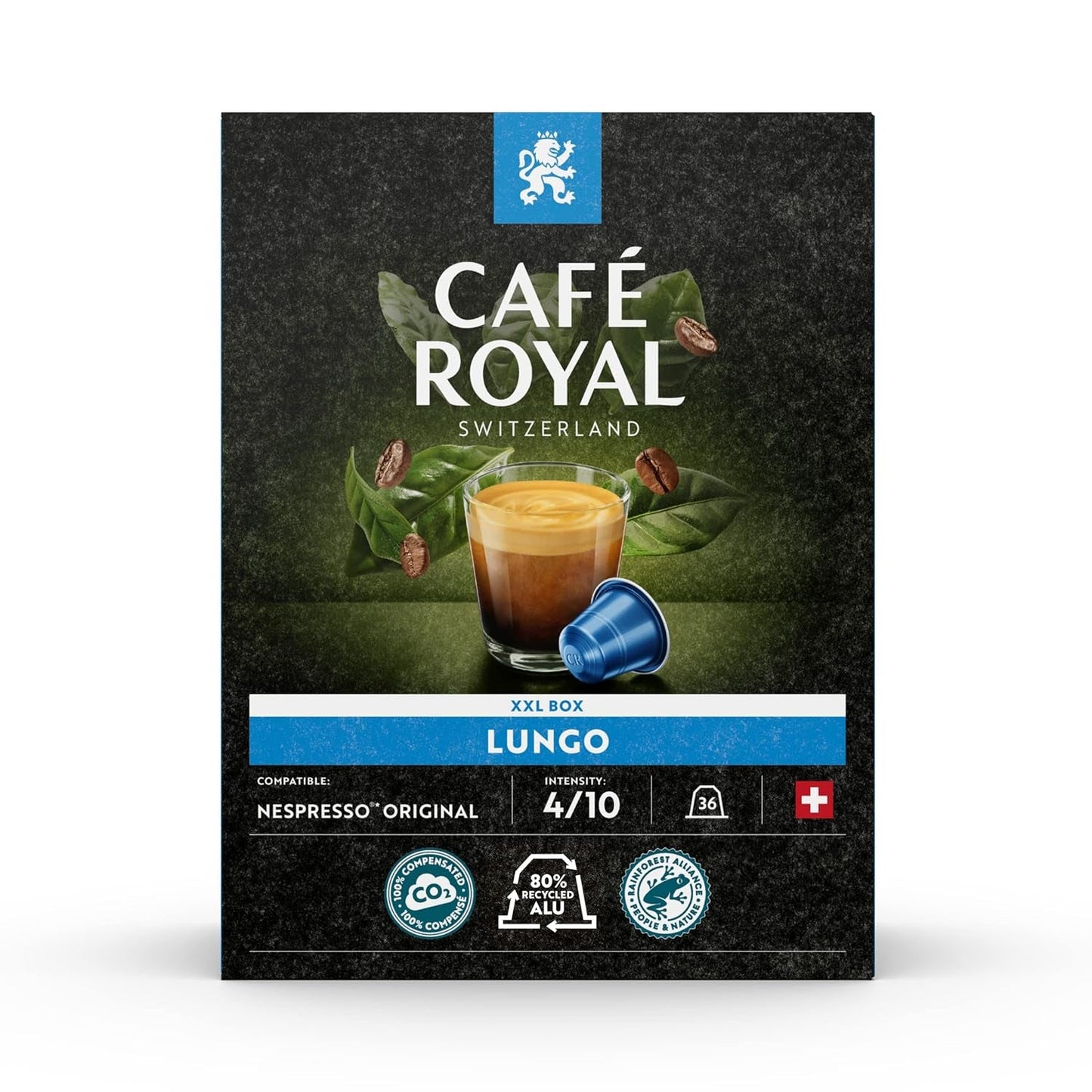 Café Royal con sabor a chocolate negro 100 cápsulas para cafetera Nespresso - intensidad 4/10 - certificado UTZ, con aluminio y Lungo 36 cápsulas para cafetera Nespresso - intensidad 4/10
