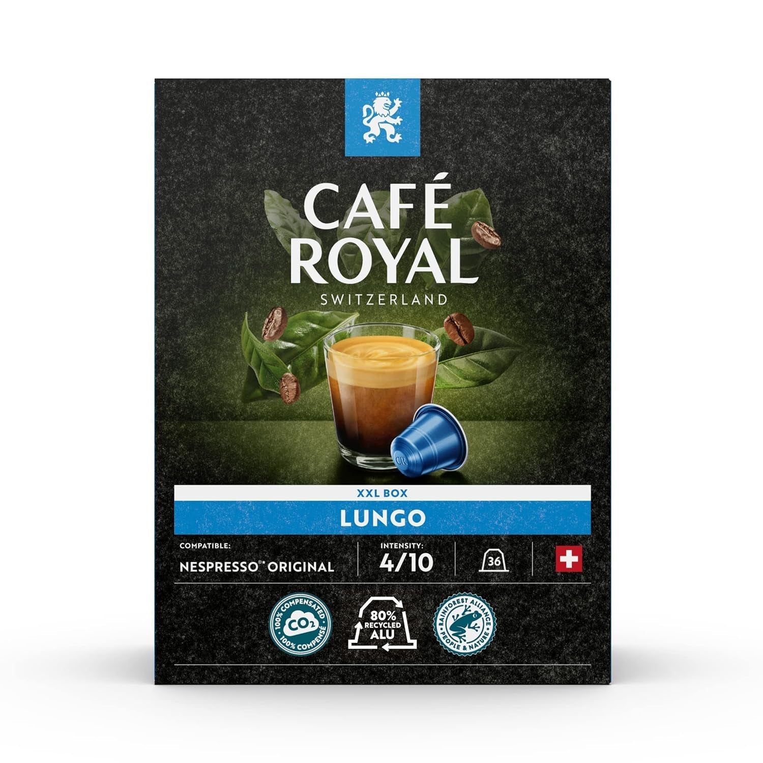 Café Royal con sabor a chocolate negro 100 cápsulas para cafetera Nespresso - intensidad 4/10 - certificado UTZ, con aluminio y Lungo 36 cápsulas para cafetera Nespresso - intensidad 4/10