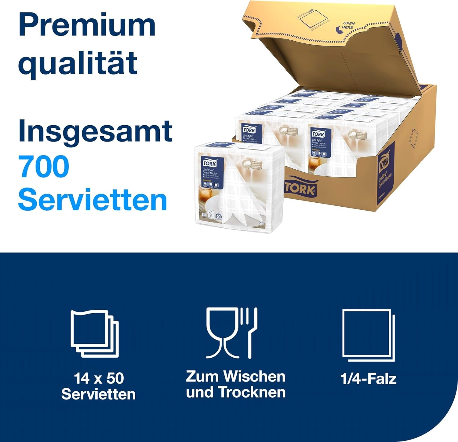 Servilletas de mesa Tork Linstyle blancas, pliegue 1/4, 19,5 × 19,5 cm, 14 servilletas ø50, 509410