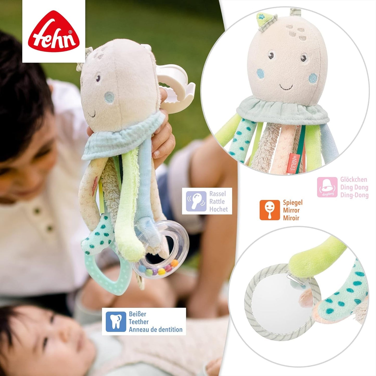 Fehn Pulpo Actividad Juguete - Juguete de Habilidades Motoras para Bebés para Cochecitos y Comienzos Brillantes, Oball, Juguete Sonajero con Bolas de Agarre para Caminar, Juguete Interactivo para Bebés Bebe Toys Naty Shop