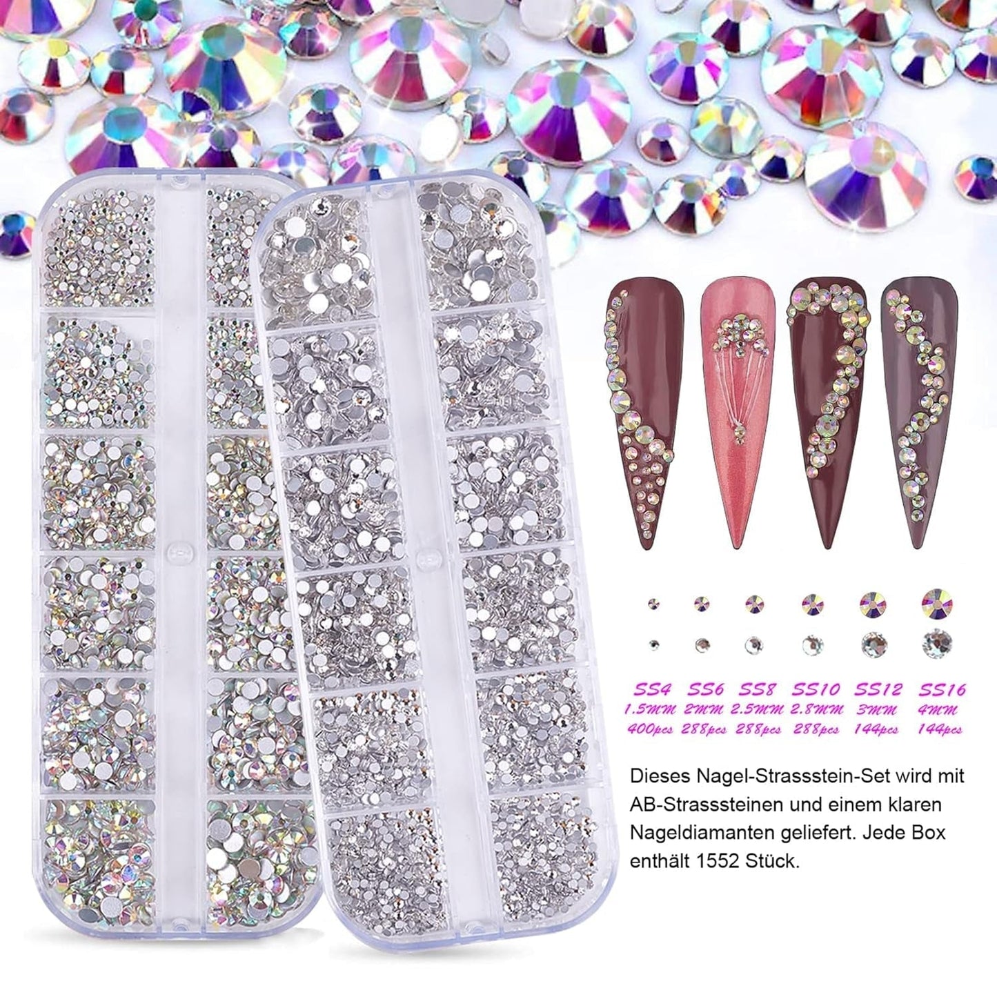Juego de 3200 piedras para uñas FITDON, piedras AB de vidrio multiforma y piedras AB con purpurina de diamante transparente para decoración de uñas, kits de bricolaje, joyería, llaveros, accesorios para uñas