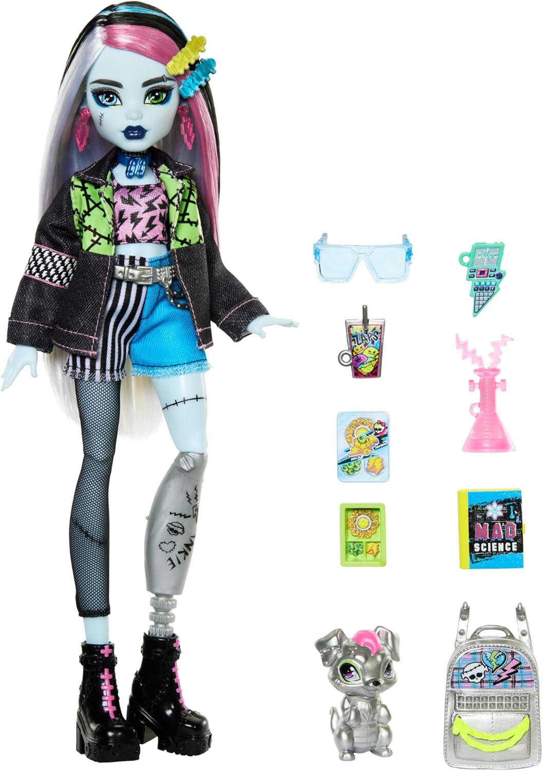 Muñeca Monster High Frankie Stein con chaqueta vaquera y pantalones cortos, también incluye su cachorro Watzie y accesorios como mochila, merienda y libreta, HXH73