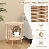Katzenhaus Rattan, Katzenmöbel mit Holzbeinen & soft Kissen, 3 en 1 Katzenhöhle Fußhocker Nachttisch, Katzenbett stabil bis 30 kg für Wohnzimmer Schlafzimmer