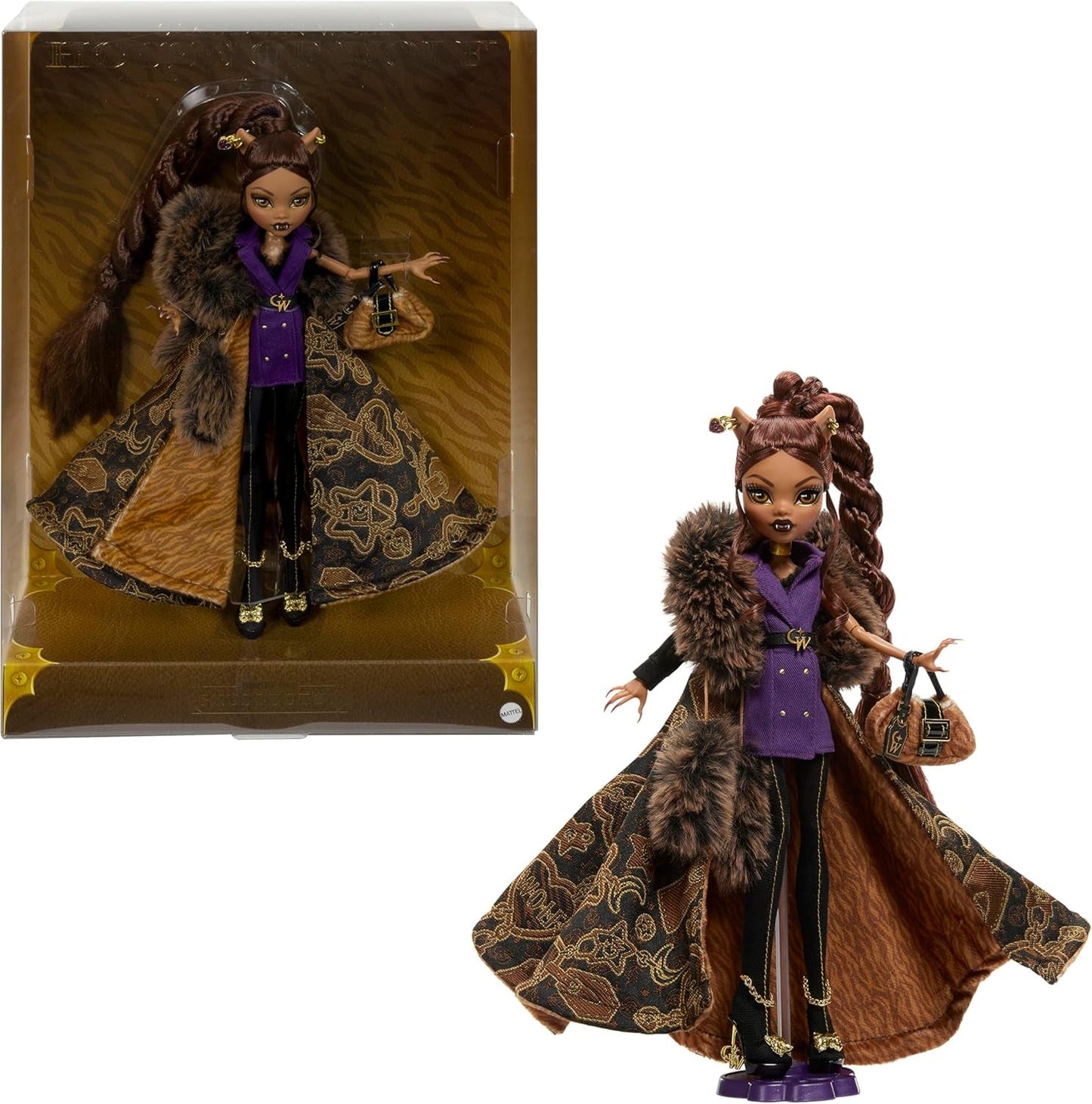 Monster High Doll House of Wolves Figura coleccionable de Clawdeen Wolf con abrigo de jacquard de piel sintética, chaqueta morada, vestido, pantalones dorados y accesorios JDR66