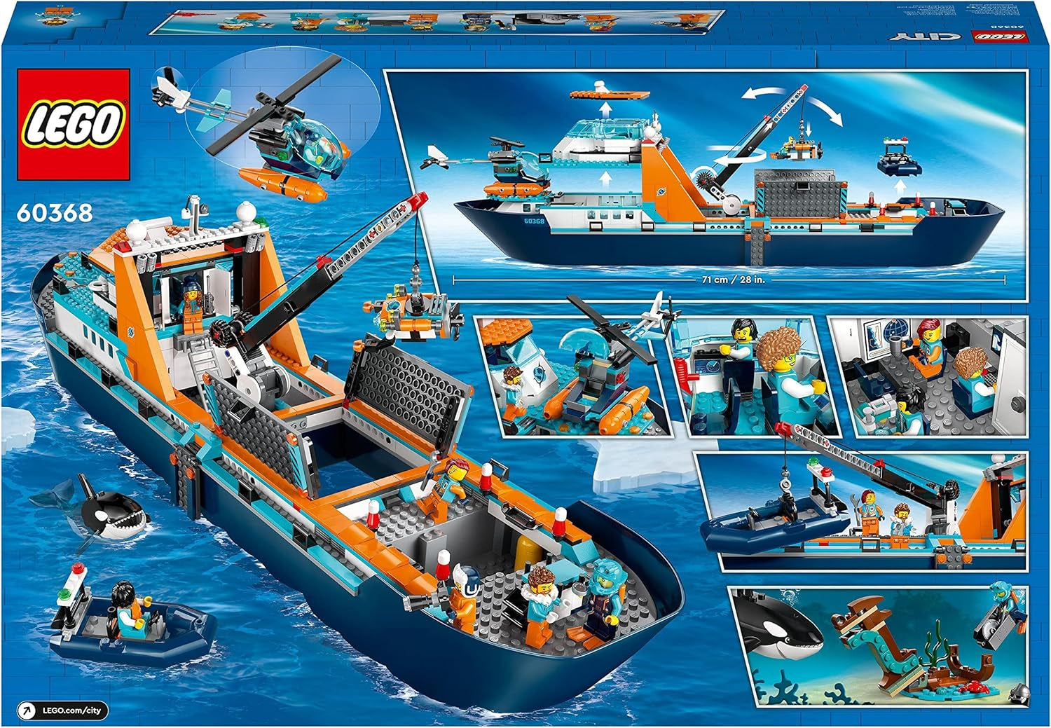 LEGO City Barco de investigación ártico, gran barco flotante de juguete con helicóptero, barco inflable, submarino Rov, naufragio vikingo, 7 minifiguras y figura de orca, regalo para niños a partir de 7 años 60368 Juegos de construcción Besuche den LEGO-Store