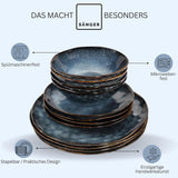 Sanger | Juego de vajilla Tokyo de 36 piezas Juego de vajilla de porcelana para 12 personas Vajilla moderna hecha a mano en color azul oscuro con detalles en negro | LA COLECCIÓN PREMIUM