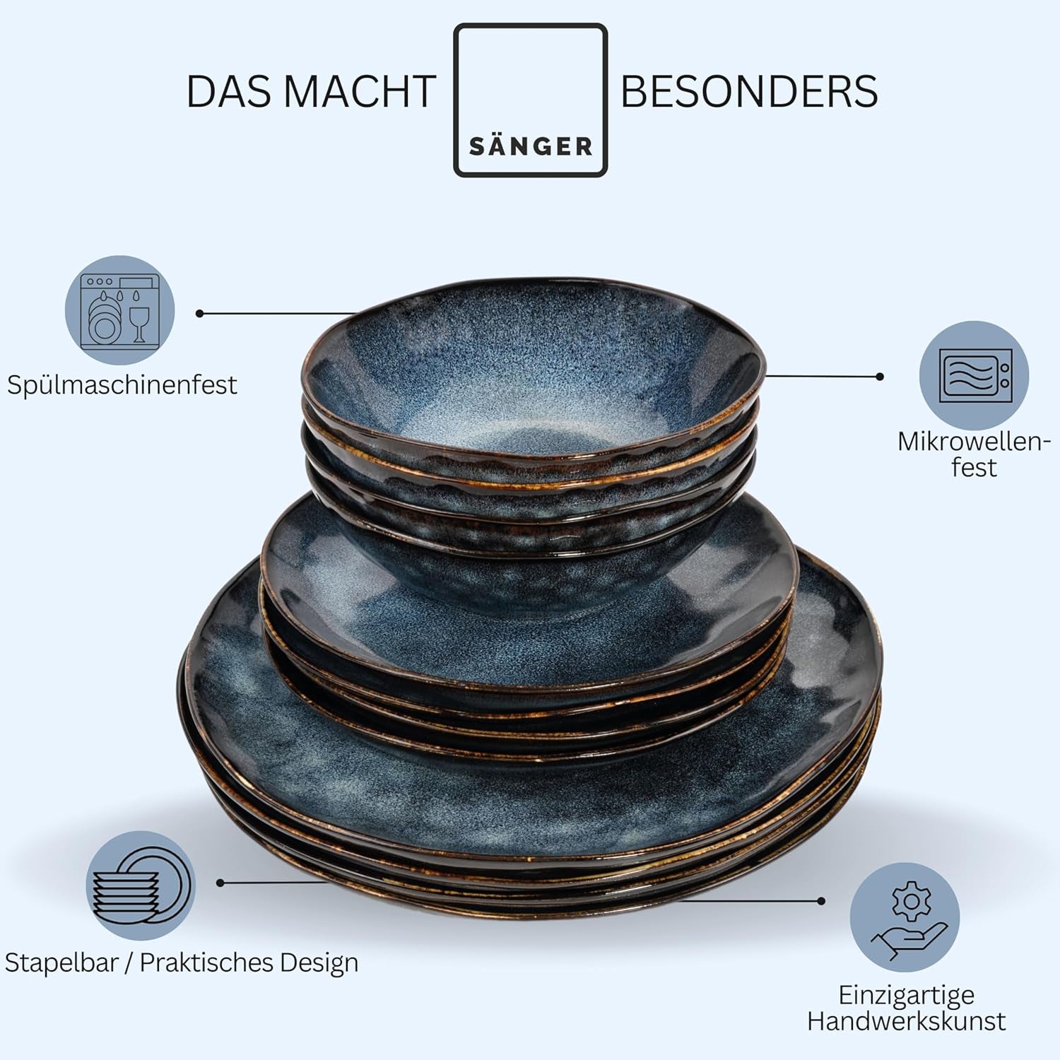 Sanger | Juego de vajilla Tokyo de 36 piezas Juego de vajilla de porcelana para 12 personas Vajilla moderna hecha a mano en color azul oscuro con detalles en negro | LA COLECCIÓN PREMIUM
