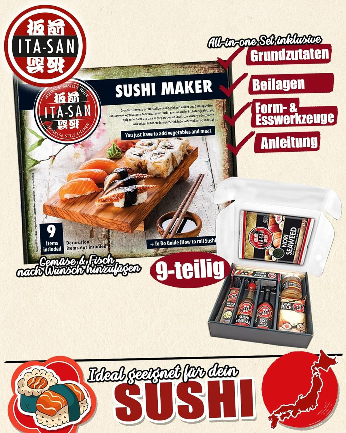 ITA-SAN Sushi Set (set completo de 9 piezas, ideal para principiantes, para prueba o regalo) 1 paquete