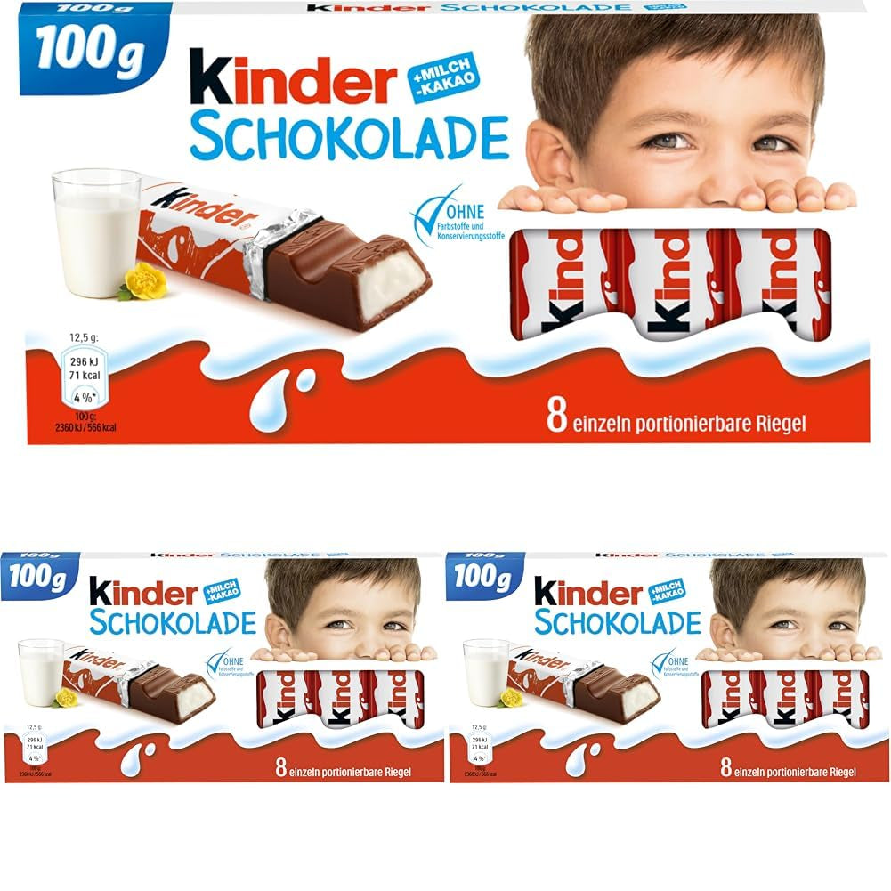 Kinder Chocolate - Barras de chocolate con leche rellenas - 1 paquete que contiene 24 barras individuales (24 x 12,5 g).
