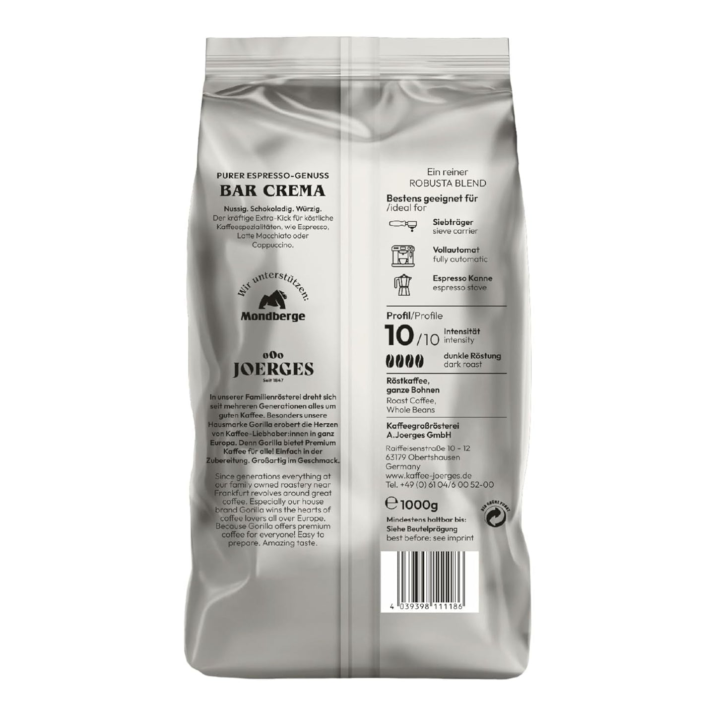 Gorilla Espresso Bar Crema en granos de café - 12 paquetes de 1000 g cada uno
