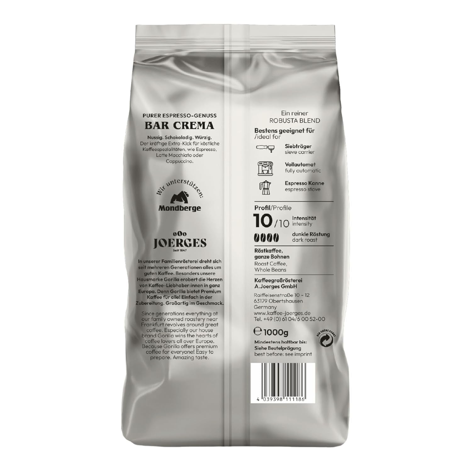 Gorilla Espresso Bar Crema en granos de café - 12 paquetes de 1000 g cada uno