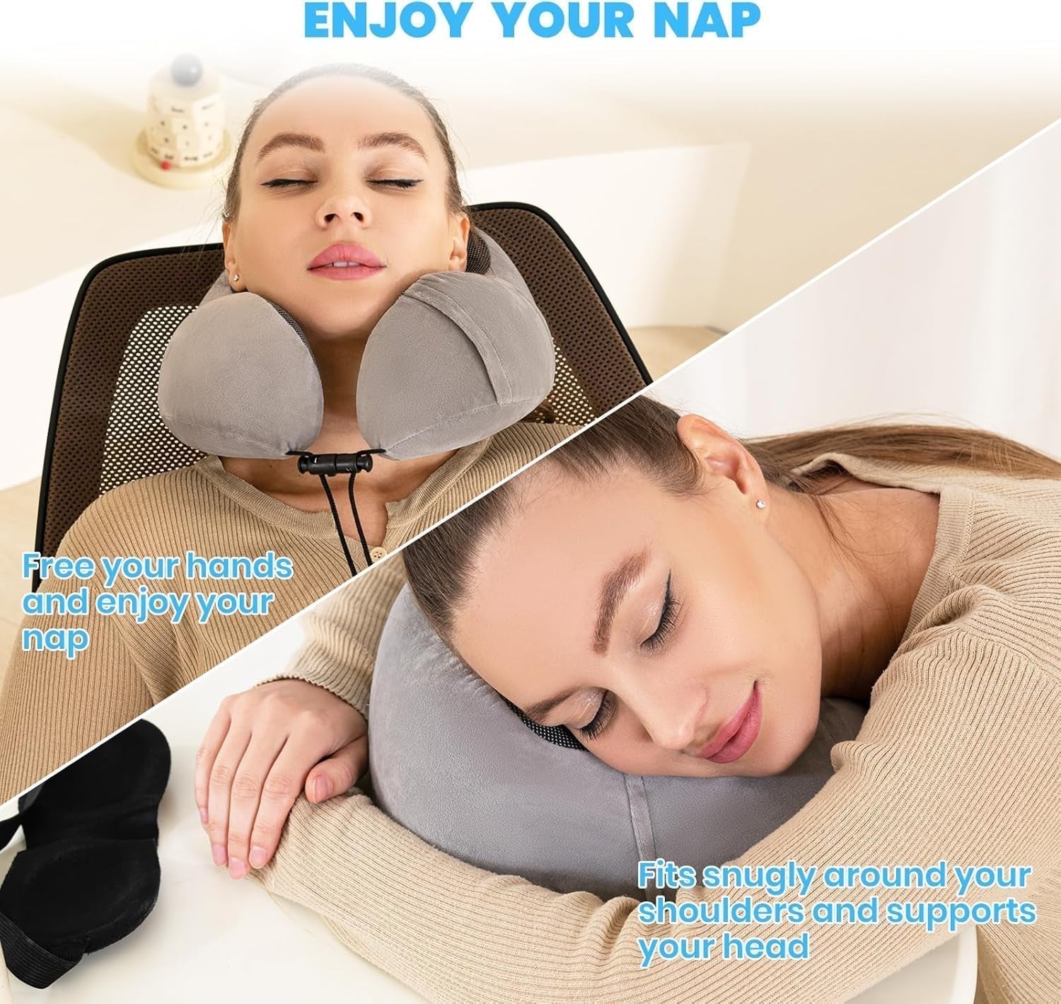 Good Nite Almohada para el cuello Almohada para el cuello de avión Almohada de viaje Almohada para el cuello para adultos Almohada para el hogar Almohada para la cabeza Espuma viscoelástica ergonómica Lavable con respaldo estrecho Almohadas de viaje grises ajustables Naty Shop