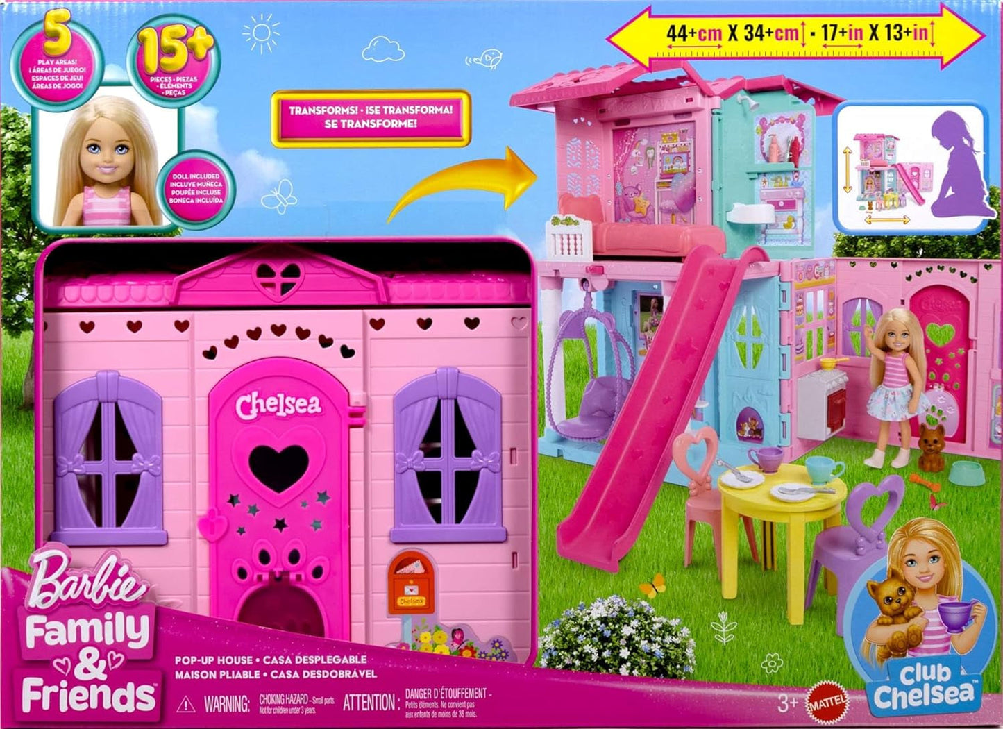 Casa de muñecas Barbie Chelsea con más de 15 accesorios, casa emergente que se expande a más de 42 x 33 cm con 5 áreas de juego y un tobogán, con una muñeca pequeña y un perro, JFW49