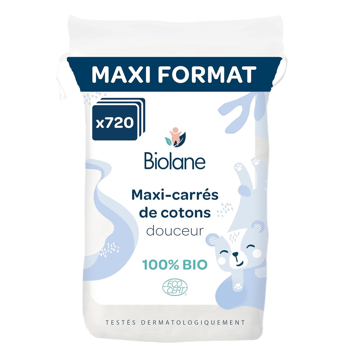 BIOLANE 12 Compresas Maxi-Cuadradas Húmedas - Bebés - 100% Orgánico - 720 Algodón - para pieles sensibles - Cambiador y Aseo - desde el nacimiento - fabricadas en Francia