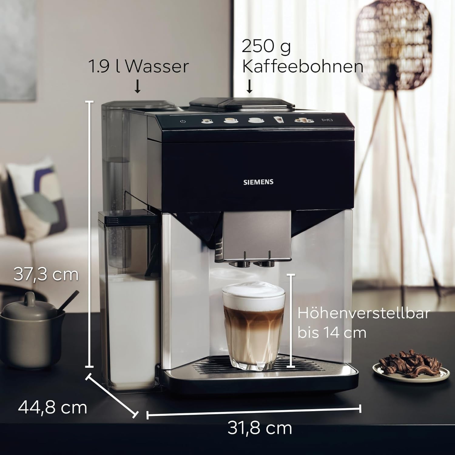 Cafetera espresso totalmente automática Siemens EQ500 TQ513D01, muchas especialidades de café, espumador de leche, recipiente de leche integrado, limpieza automática a vapor, 1500 W, luz natural plata/negro piano