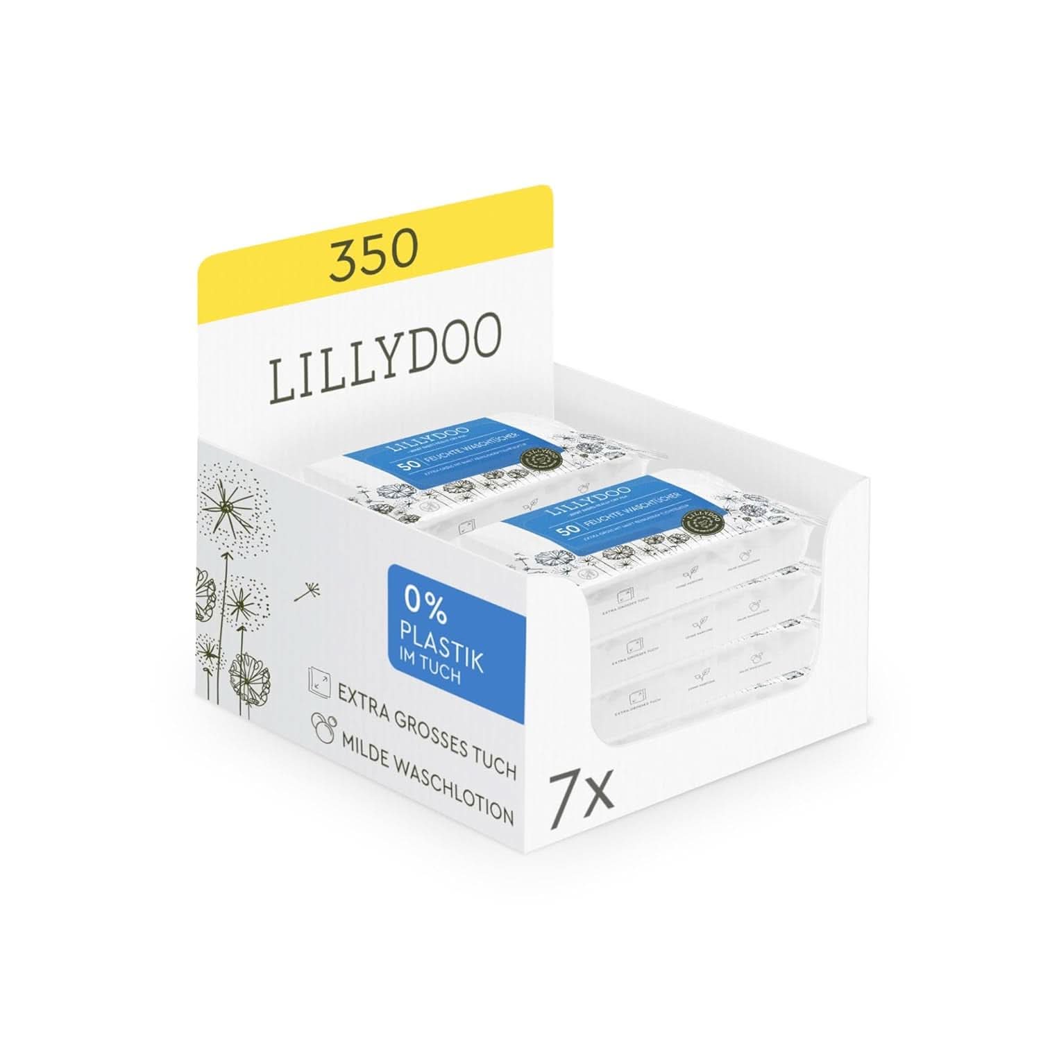 LILLYDOO Feuchte Waschtücher 350 Stück (7 X 50), 100% libre de plástico, Extra Großes Tuch, Ohne Parfüme Naty Shop