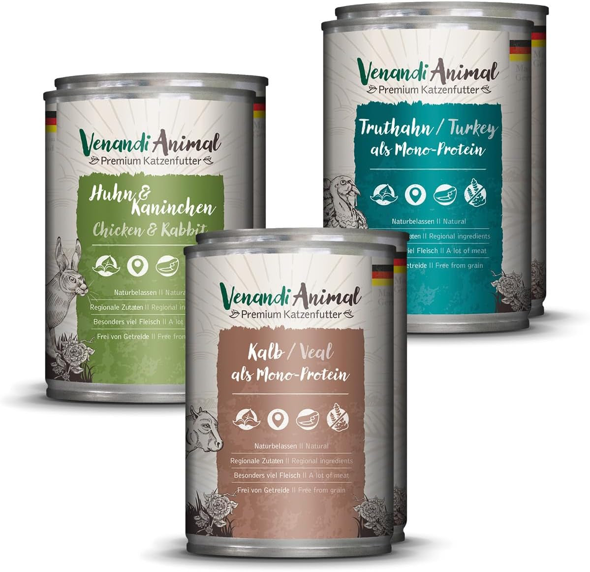 Venandi Animal Premium Nassfutter für Katzen, Probierpaket II, Pollo + Conejo, Kalb, Pavo, 6 x 400 g, getreidefrei und naturbelassen, 2,4 kg