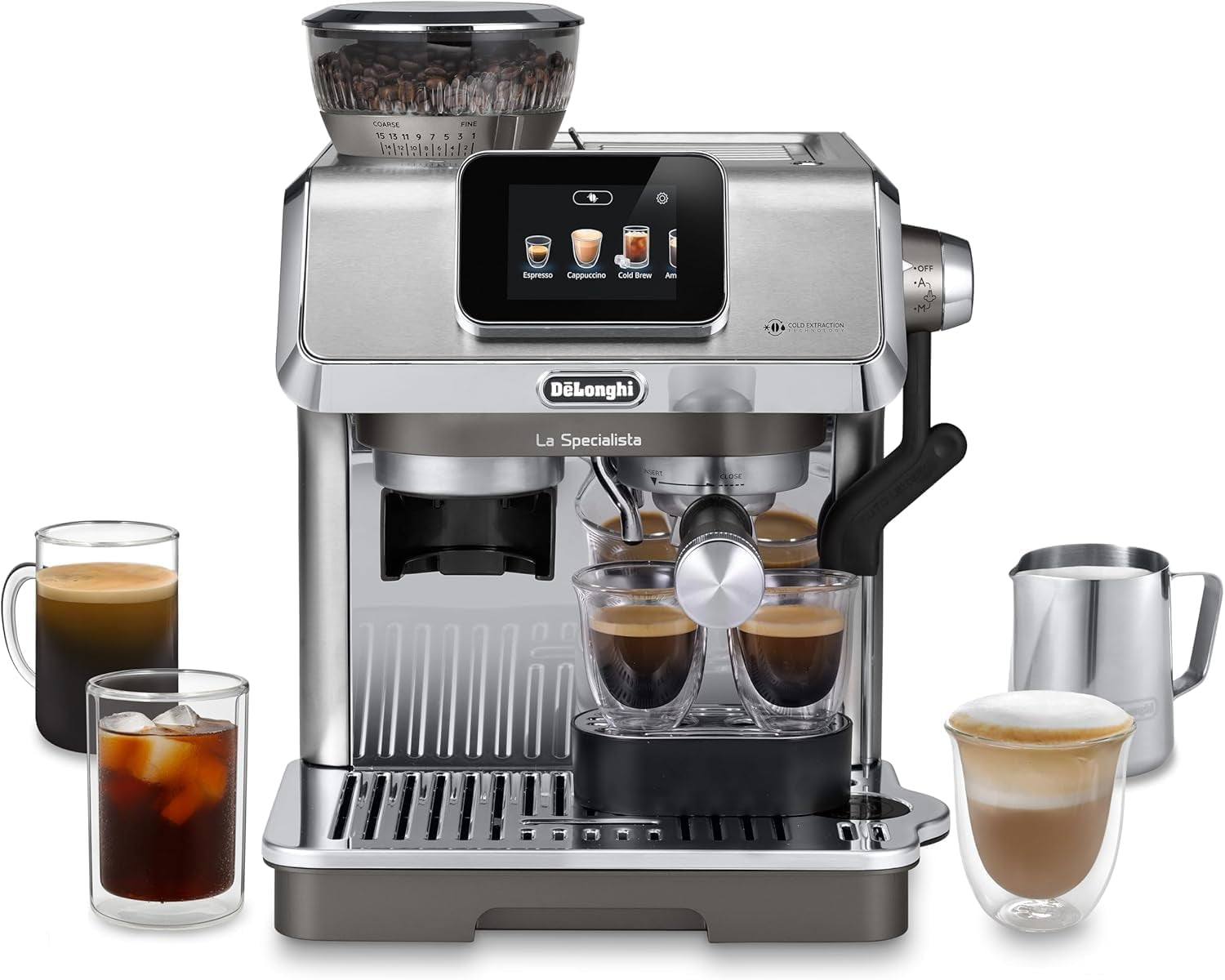 De'Longhi La Specialista Arte EC9155.MB Cafetera espresso con portafiltro y molinillo, 8 niveles de molido, 15 bares de presión, 3 niveles de temperatura, espumador de leche, 1550 W, depósito de 1,7 L, acero inoxidable/negro, incluye kit de barista