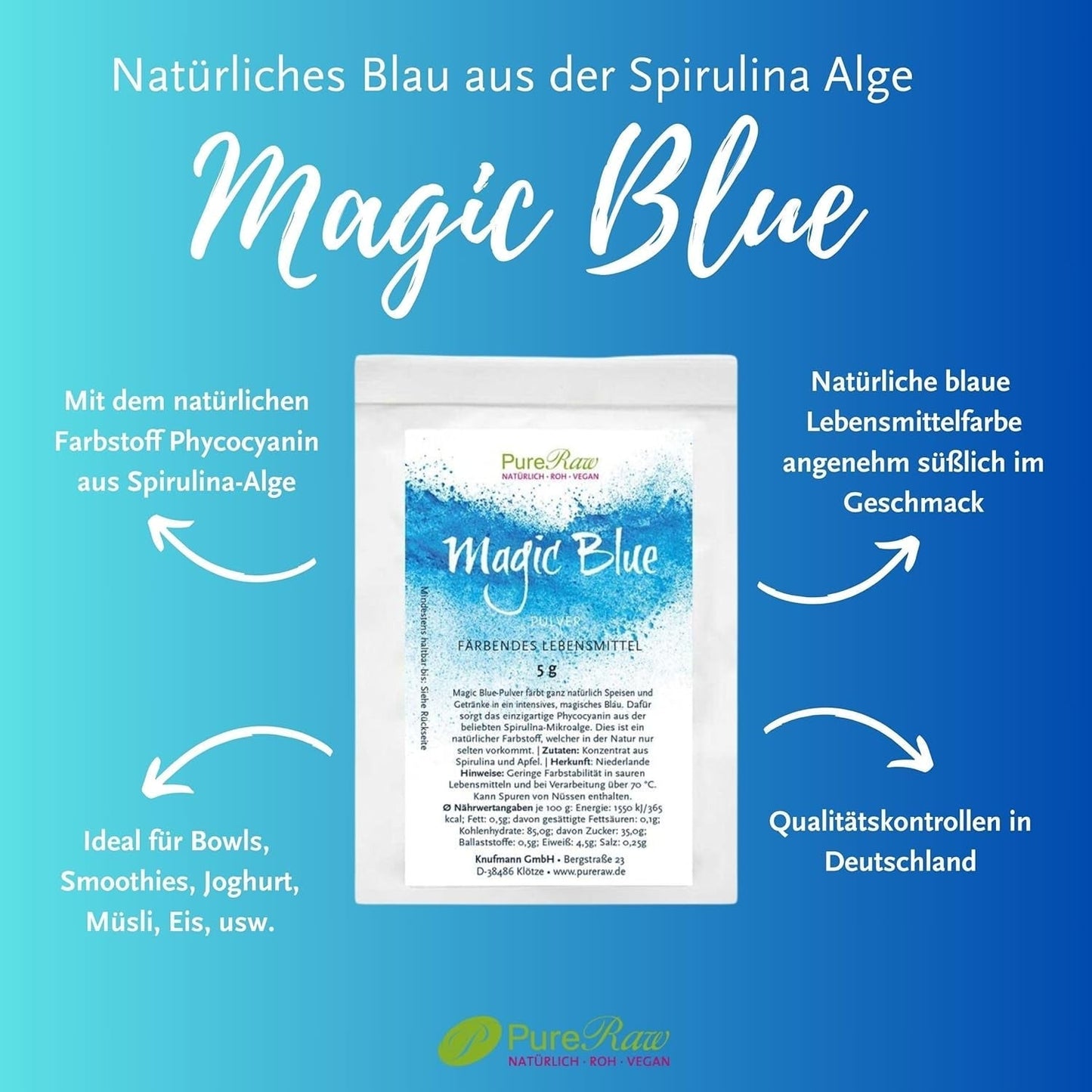 Colorante alimentario natural Magic Blue Spirulina Azul en polvo (crudo vegano) Azul oscuro a azul pastel claro - Colorante alimentario en polvo de algas ficocianinas - Colorante alimentario natural | Puro 5G