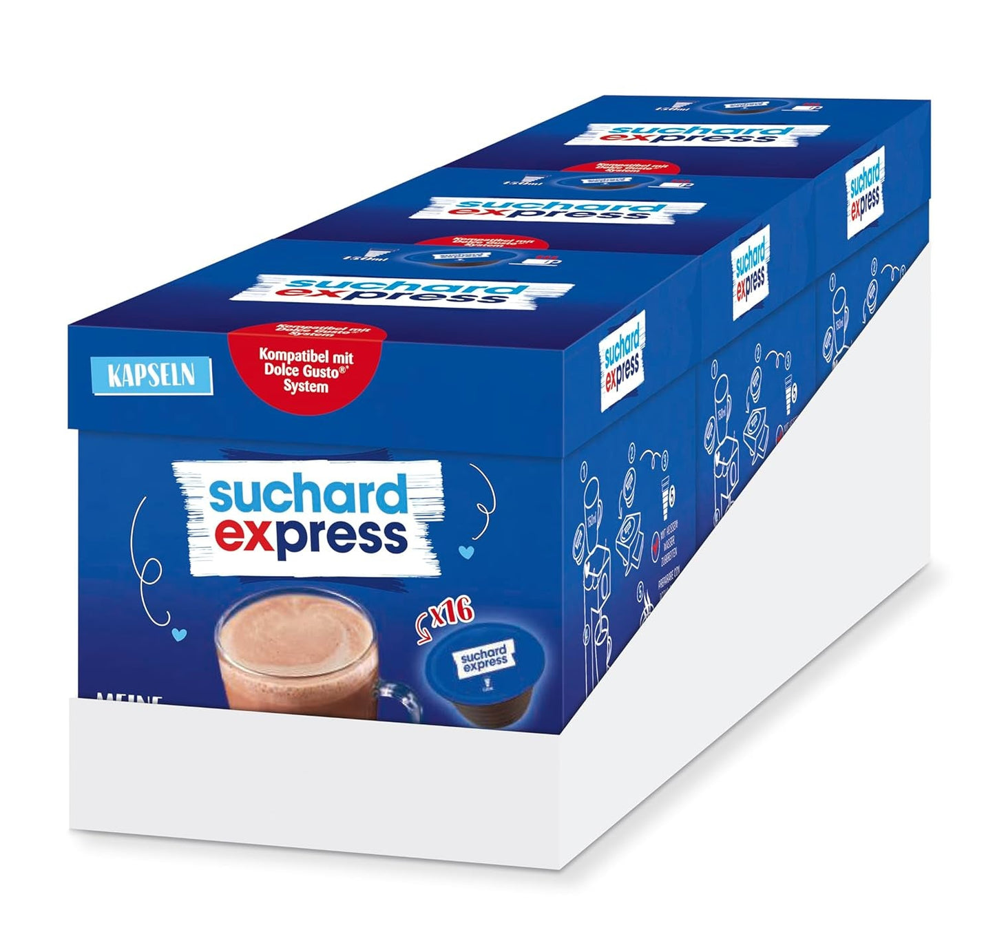 Suchard Express Kakao Cápsulas para Dolce Gusto, 3x 16 Cápsulas, compatibles con Máquina Nescafé Dolce Gusto, Cremige Trinkschokolade