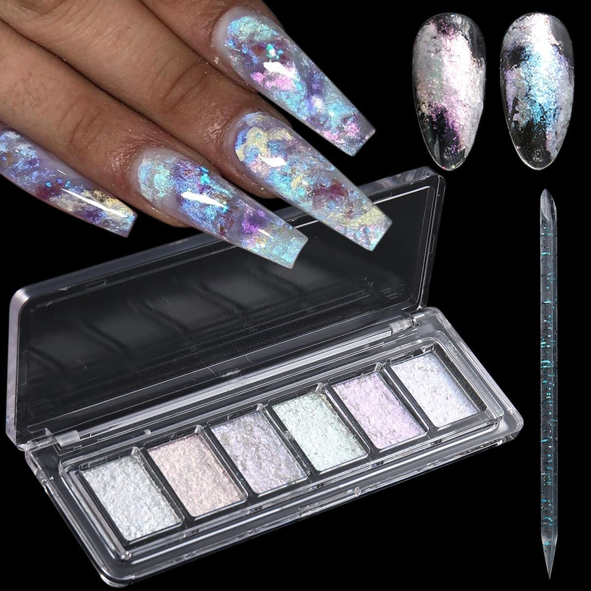 Wahrshei 6 Chrome Nail Powder, Chrome Pulver Nägel Mit Spiegeleffekt, Laser Chrome Puder, Polvo efecto perla para uñas esmaltadas en forma de donut