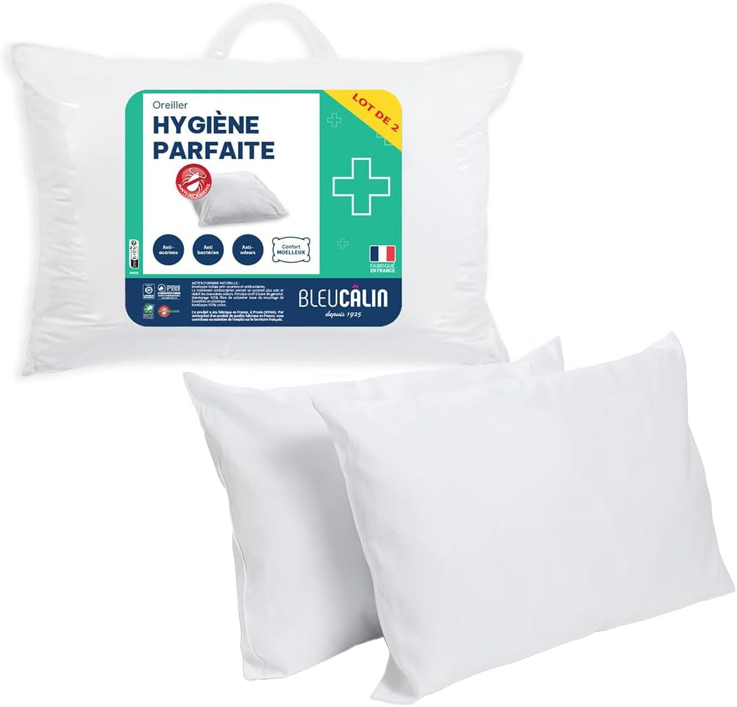Bleu Câlin Juego de 2 almohadas rectangulares antiácaros, antibacterianas, mullidas confort, T 60X60 Cm, 100% algodón, surtido higiene perfecta Naty Shop almohadas estándar Forma rectangular 45 X 70 Cm