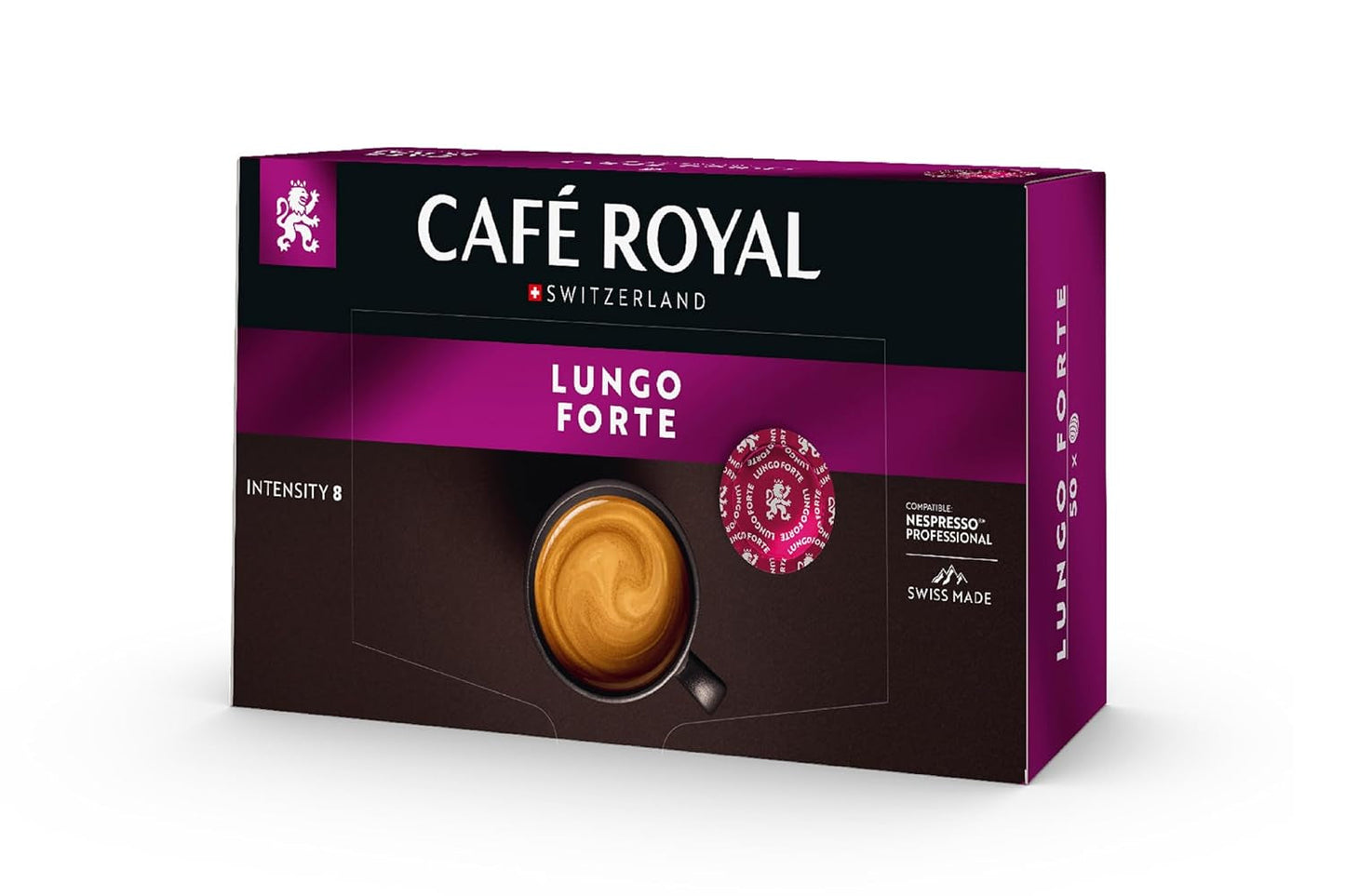 Café Royal Professional Pads, Lungo Forte, 50 pads compatibles con Nespresso (R) Professional para oficina y gastronomía, certificado Rainforest Alliance, 100 porciones de café arábigo, intensidad 8