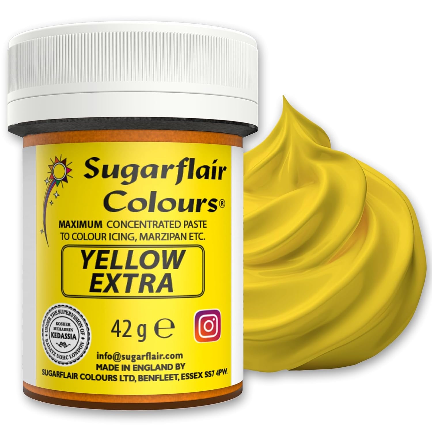 Colorante alimentario Sugarflair Max Concentrated Yellow Extra, colorante alimentario altamente concentrado para mazapán y fondant, colorante en pasta Max Concentrate - 42 g