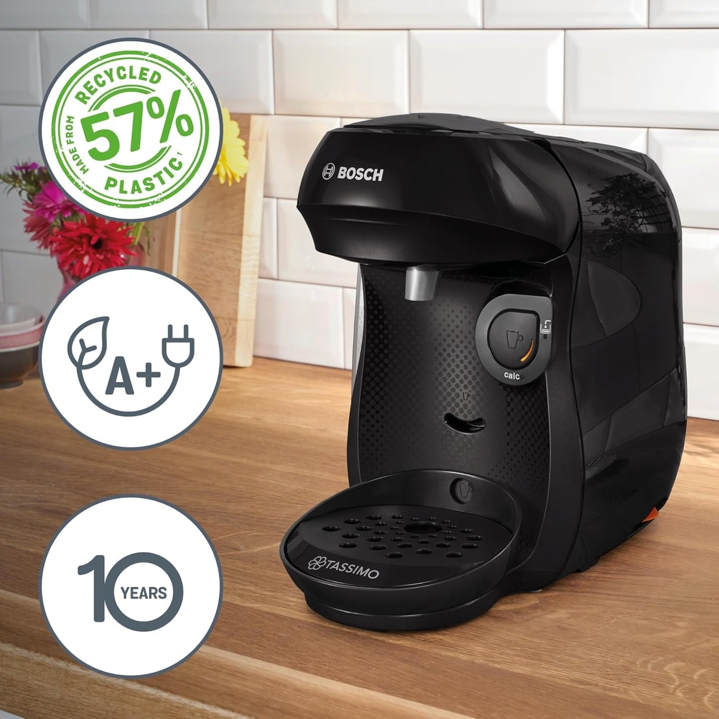 Bosch Tassimo Happy Friendly TAS102E Cafetera espresso de cápsulas, más de 70 bebidas, apta para todas las tazas, parada automática, sostenible, dosificación perfecta, ahorro de espacio, 1400 W, negra