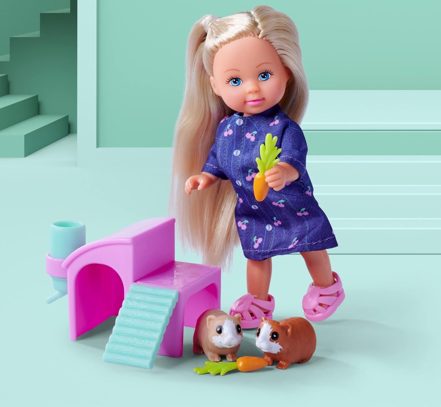 Muñeco Simba Evi Love Guinea Pigs con dos cobayas y casa, botella de agua y zanahorias, 12 cm, a partir de 3 años
