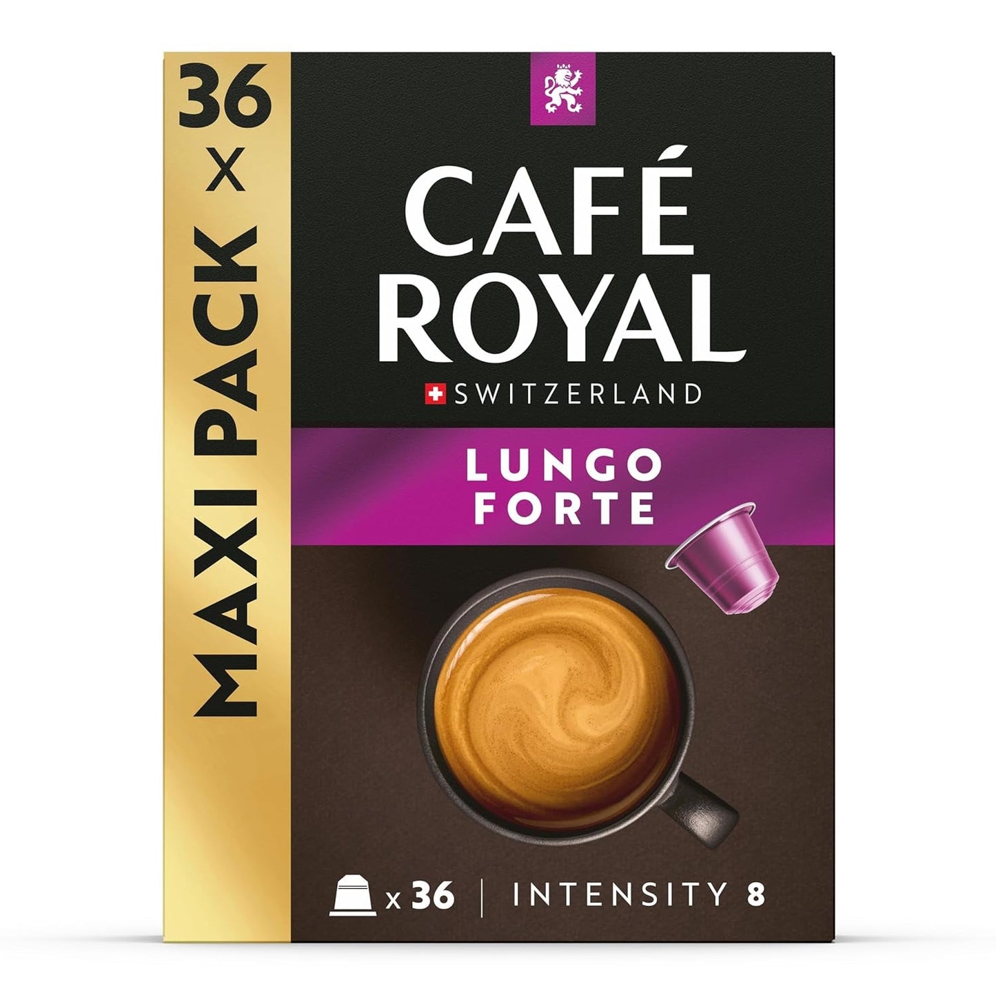 Café Royal Lungo Forte – Cápsulas de café compatibles con Nespresso®, 100% Arábica, würzig, dunkle Röstung, Intensität 8/12, Rainforest Alliance, 36 cápsulas