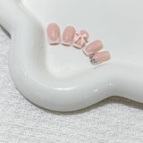 24 Uds. De tabletas para manicura francesa con lazo de diamante rosa, uñas cuadradas con patrón de diamantes de imitación, uñas artificiales rosas desnudas, pegamento de cobertura completa para manicura