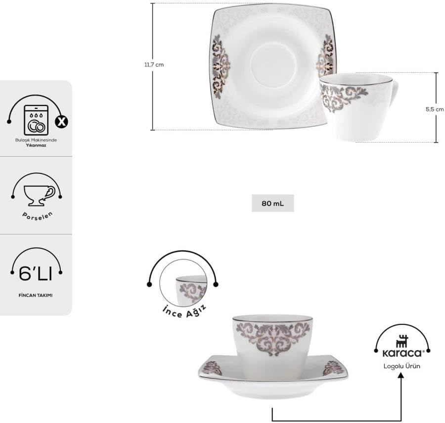 KARACA Nazende Juego de tazas de café expreso de porcelana - Tazas de café turco con platillos de 80 ml, servicio de café moderno de 12 piezas con 6 tazas de café y 6 platillos, tazas de moca - Blanco