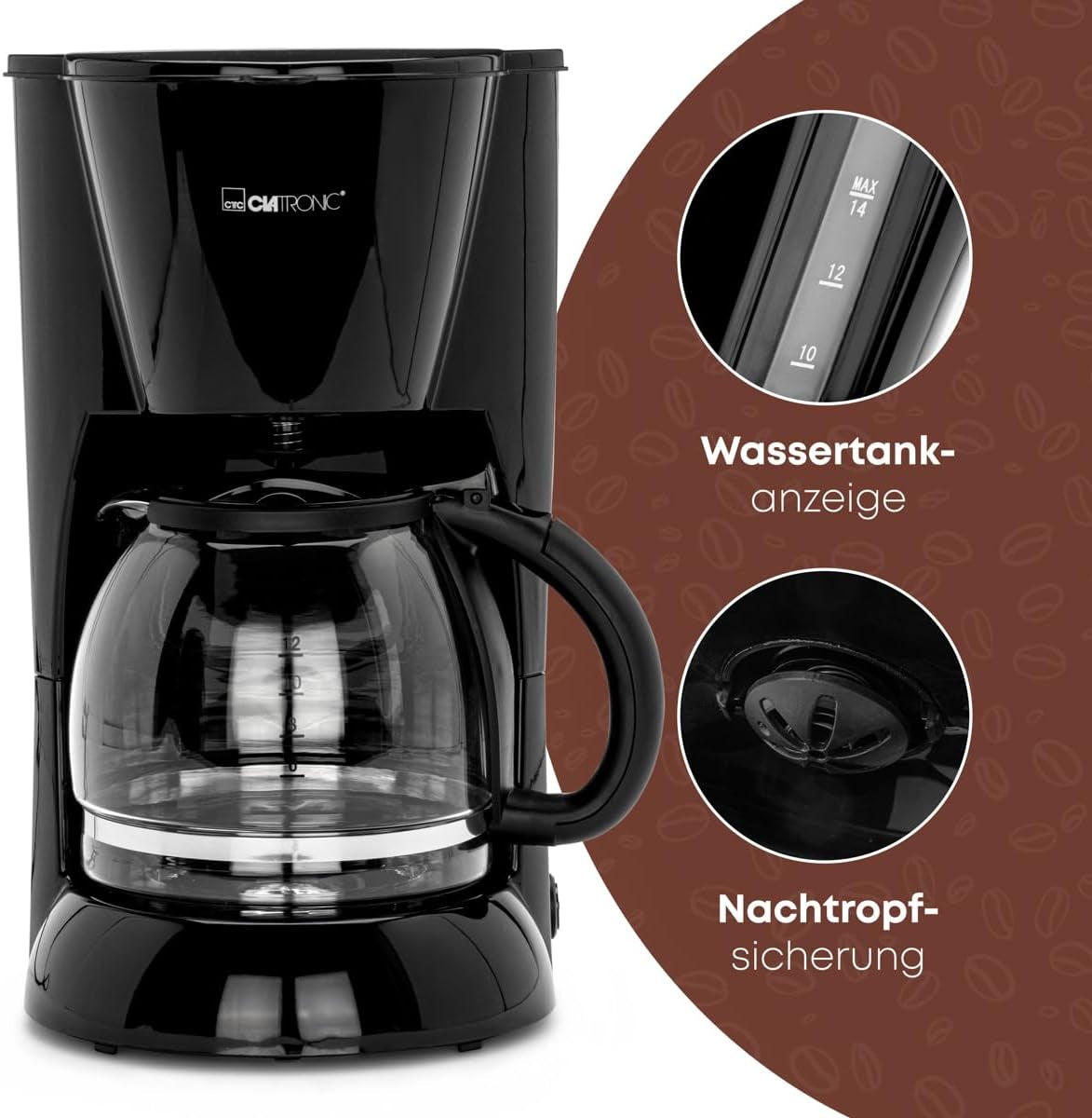 Máquina de café expreso Clatronic® | Cafetera espresso automática para 12-14 tazas (aprox. 1,5 litros) | Cafetera espresso con filtro y sistema antigoteo | 900W | Cafetera espresso KA 3473 Negra