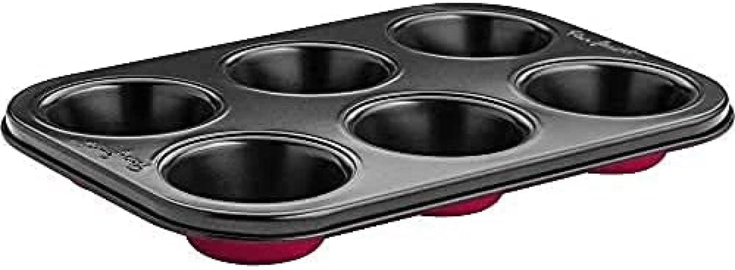 LT3072 Bandeja de horno para 6 muffins, acero, negra con base roja Moldes y bandejas de horno Naty Shop