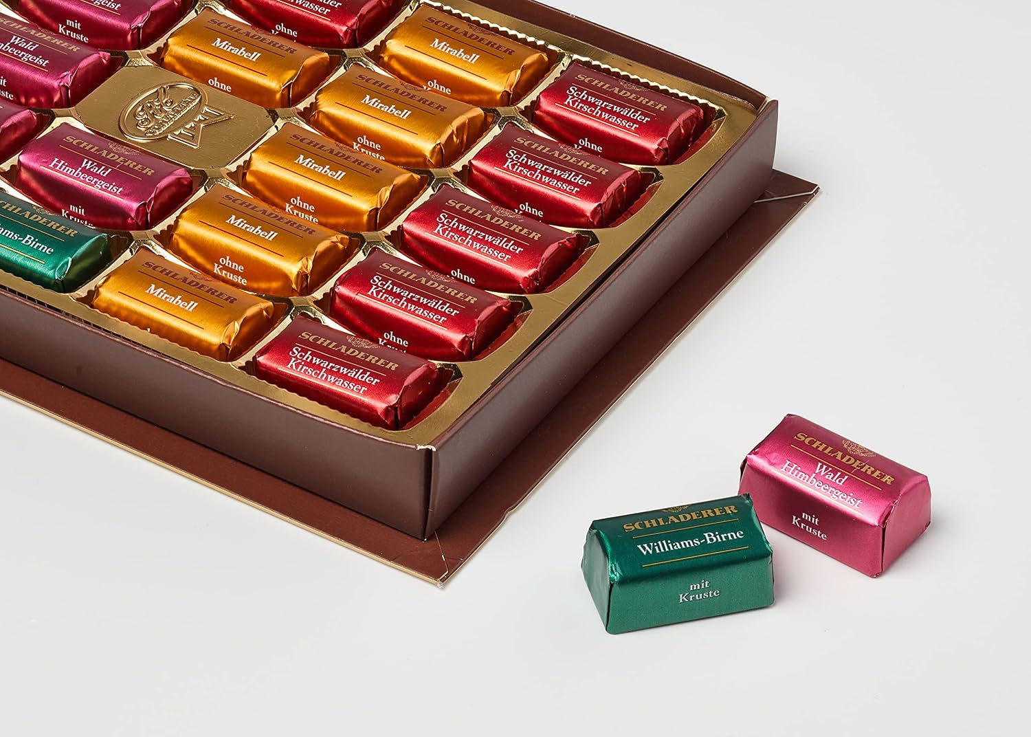 RCP Schladerer Pralinés, surtido fino, chocolate con leche y negro, con y sin costra de azúcar, relleno líquido, contiene alcohol, fantástico regalo, 255 g