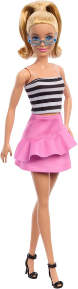 Muñeca Barbie Fashionistas núm. 213 Rubia con blusa a rayas, falda rosa y gafas de sol Muñeca de moda coleccionable de 65 cumpleaños HRH11 Naty Shop Dolls Título predeterminado