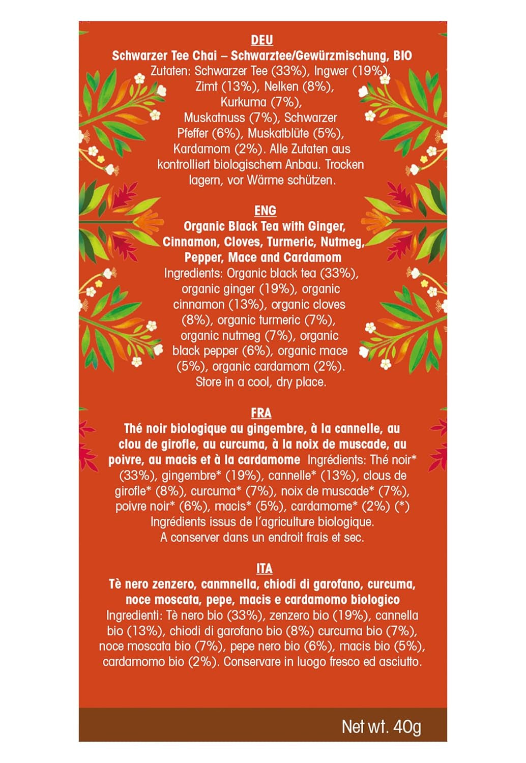 ETS - Té Negro Chai, Naturland BIO, 20 Bolsitas de Té (Pack de 2)