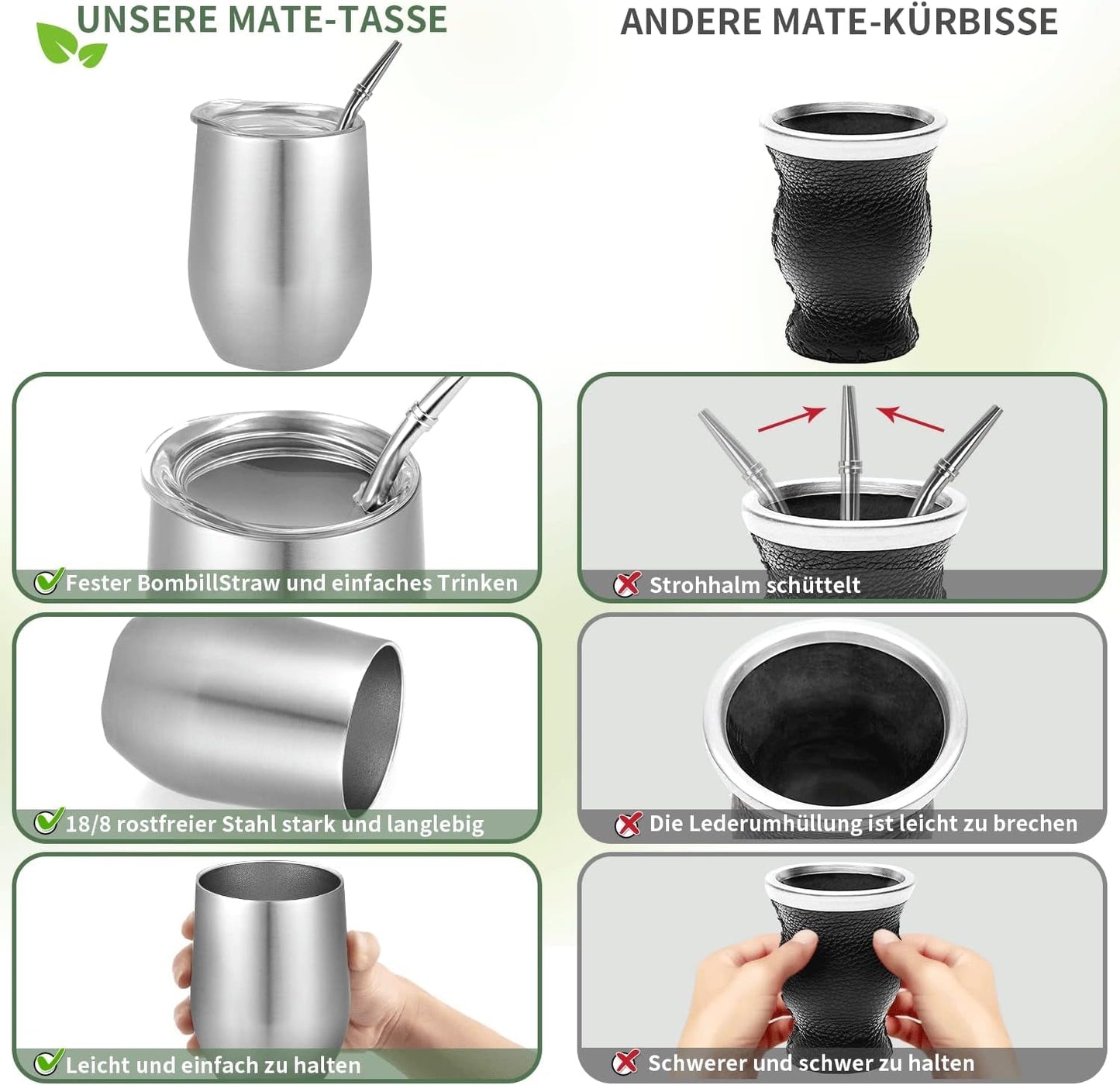 Taza Mate Moderna 340ml, Juego de Tazas de Yerba Mate de Acero Inoxidable con Doble Pared Aislante, Taza de Té Mate con Tapa Libre de BPA, Bombillas y Cepillo de Limpieza (Plata)
