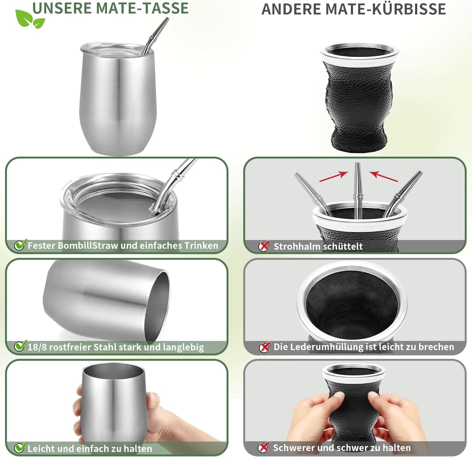 Taza Mate Moderna 340ml, Juego de Tazas de Yerba Mate de Acero Inoxidable con Doble Pared Aislante, Taza de Té Mate con Tapa Libre de BPA, Bombillas y Cepillo de Limpieza (Plata)