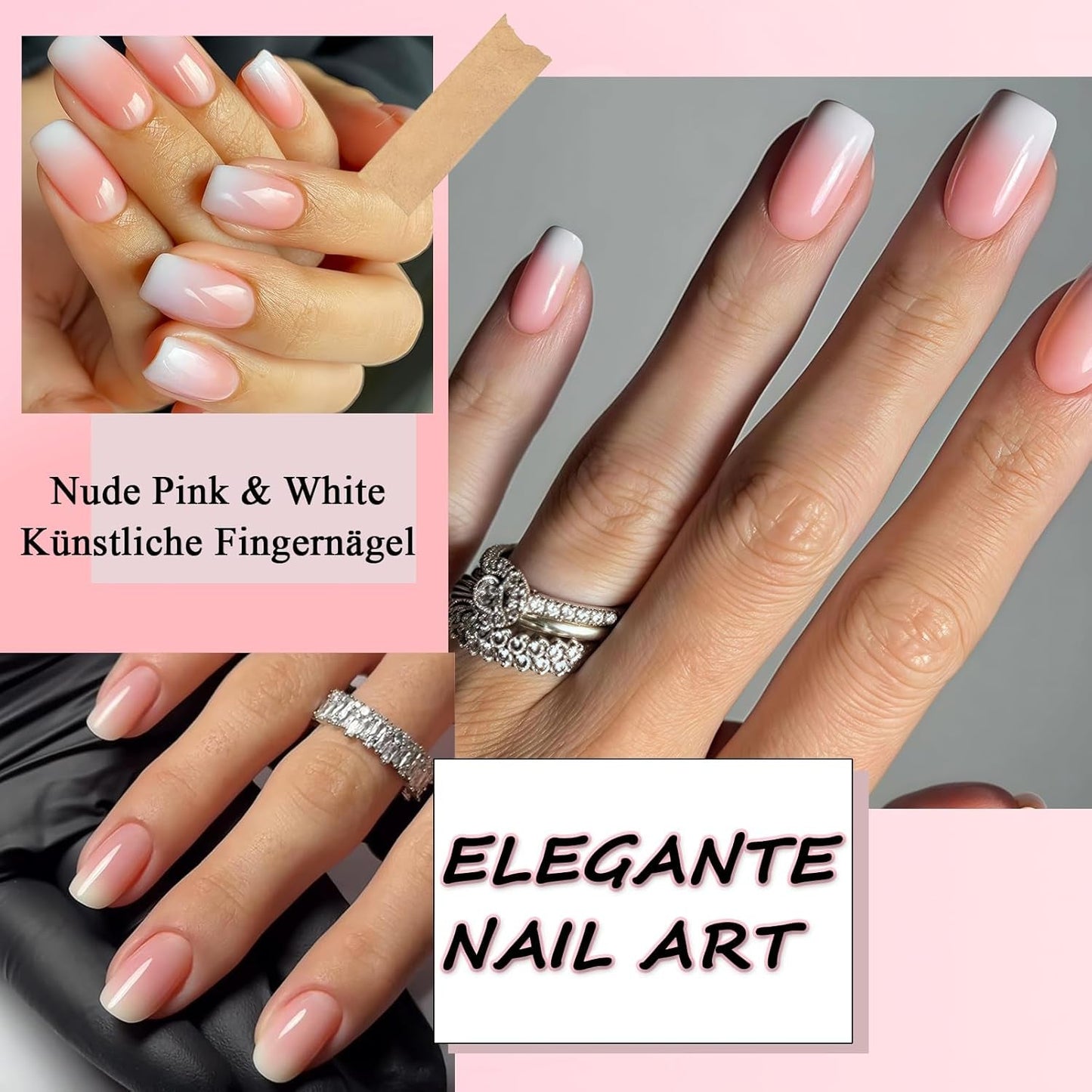 Kit de 360 ​​Piezas de Uñas Postizas - Uñas Postizas Degradadas Cortas, Color Rosa Desnudo y Blanco - Pegamento Cuadrado en Uñas Postizas - Uñas Autoadhesivas Brillantes de Cobertura Completa para Mujeres y Niñas (Cuadrado)