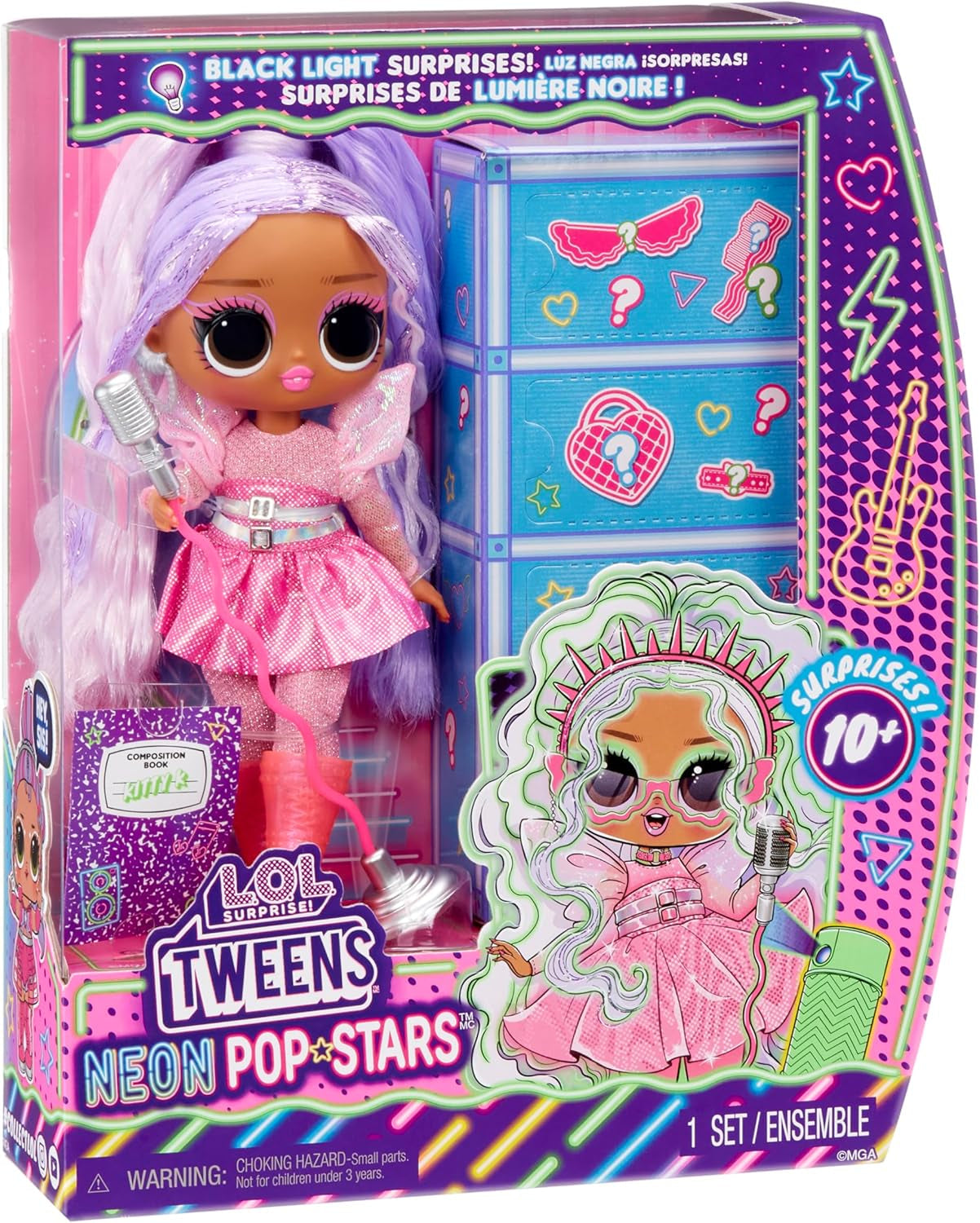 jajaja ¡Sorpresa! Tweens Neon Pop Stars - Kitty K - 1 muñeca de moda con sorpresas retroiluminadas y más de 10 conjuntos y accesorios de Pop Star, incluidas microbandas retro, regalo para niños 4+ Naty Shop Dolls