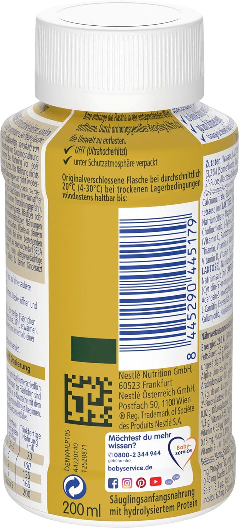 BEBA Nestlé BEBA SUPREME 1 Leche infantil: biberones listos para beber con Omega 3, pack de 4 (1 x 200 ml)