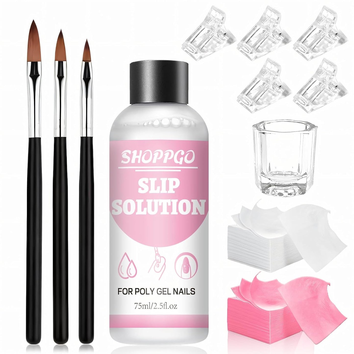 Solución alisadora Polygel, kit de solución antideslizante para uñas Polygel, solución alisadora de 75 ml, incluye 5 clips para puntas de uñas, 3 cepillos para uñas, 1 vaso de cristal, 100 hojas de limpieza